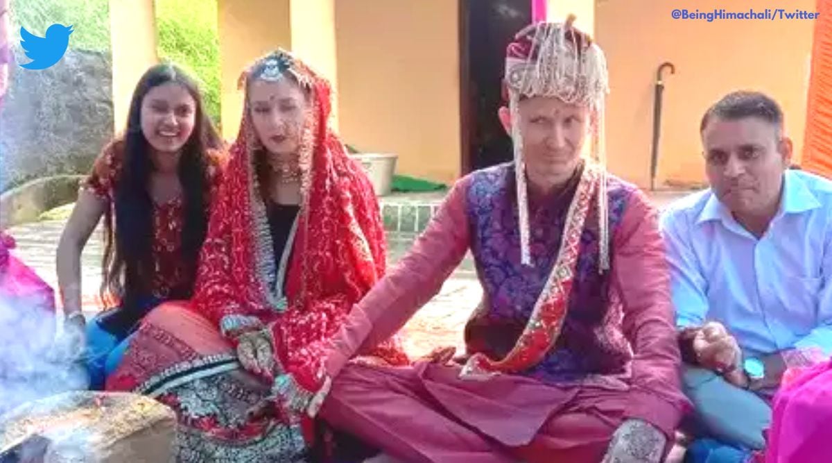 Russian Ukrainian couple gets married in Himachal Pradesh, Russian Ukrainian couple Hindu wedding, Russian man marries Ukrainian girlfriend in Dharamshala, Foreign couple Russian Ukrainian get married in Himachal Pradesh, Indian Express