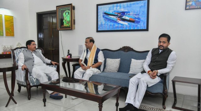 A photo tweeted by Assam government spokersperson Piyush Hazarika where Kumar Jaimangal (right) is with Himanta Biswa Sarma and Union minister Pralhad Joshi.  (Photo: Twitter/Pijush Hazarika)
