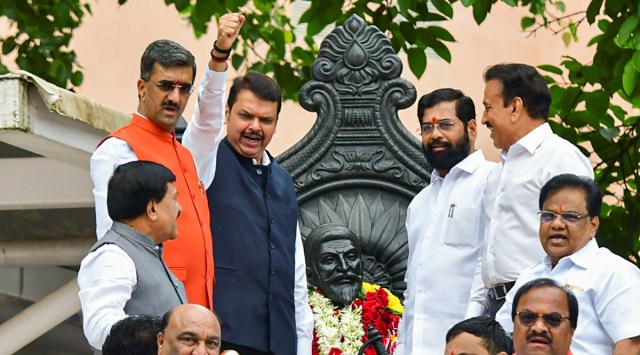 Maharashtra Chief Minister Eknath Shinde with Deputy Chief Minister Devendra Fadnavis and others on the first day of Monsoon Session of Maharashtra Assembly, at Vidhan Bhavan in Mumbai, Wednesday, Aug. 17, 2022. (PTI Photo)
