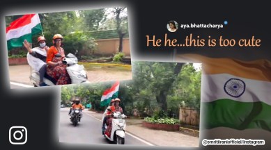 Smriti Irani, Bharati Pravin Pawar, Smriti Irani and Bharati Pravin Pawar scooter, Smriti Irani rides scooter to work, Smriti Irani Har Ghar Tiranga campaign, Indian Express