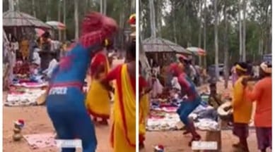 man dressed as Spiderman dances with Bengali people, Spiderman's Santhali dance, Spiderman in West Bengal, spiderman video, indian express