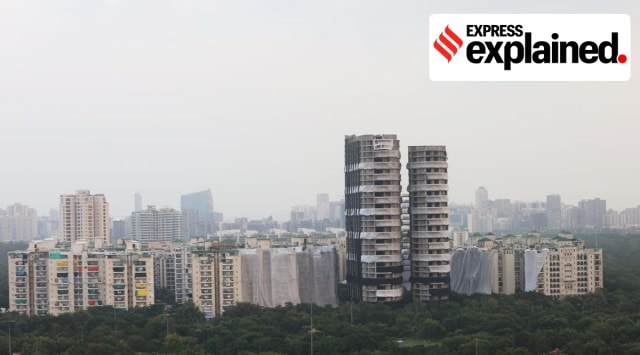 Airspace with an area of a radius of one nautical mile (or 1.8 km) around the Supertech demolition site has been declared unavailable for flights to operate. (Express Photo by Gajendra Yadav)