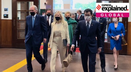 From left: US Democrat Sen. Ed Markey of Massachusetts, left, and Democratic House member John Garamendi of California, second left, back, arrive with their wives at the parliament building in Taipei, Taiwan, Monday, Aug. 15, 2022. (AP Photo/Johnson Lai)