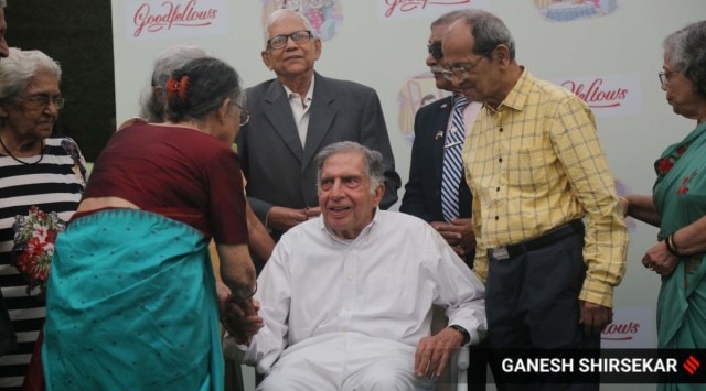 Ratan Tata with senior citizens during the launch of the start-up in Mumbai on Tuesday. (Express photo by Ganesh Shirsekar)
