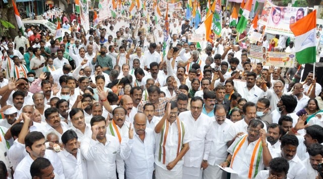 Tamil Nadu Congress President KS Alagiri with party workers participates in a protest over price rise, unemployment and GST hike on essential commodities, in Chennai, Friday, Aug. 5, 2022. (PTI Photo) 