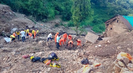 Tehri: NDRF personnel carry out search and rescue operation at Gwad following flash floods, in Tehri district. (PTI Photo) 