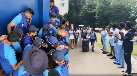(left) Indian men's cricket watching the CWG women's cricket final from Florida; Indian men's hockey team receiving the women's team at the games village after they won the bronze medal. (Twitter/BCCI & Hockey India)
