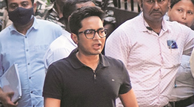 TMC MP Abhishek  Banerjee outside the ED office in Kolkata on Friday. (Express Photo)