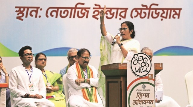 CM Mamata Banerjee and TMC MP Abhishek Banerjee at a party programme in Kolkata on Thursday. (Express Photo by Partha Paul)