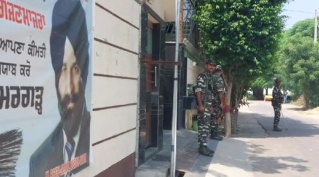 Security deployed outside the house of Amargarh MLA Jaswant Singh Gajjanmajra. (Express Photo)