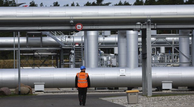 Security walks in front of the landfall facility of the Baltic Sea gas pipeline Nord Stream 2 in Lubmin, Germany, September 19, 2022. (REUTERS/File)