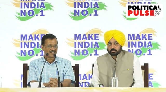 AAP national convener Arvind Kejriwal and Punjab Chief Minister Bhagwant Mann at the “Make India No.1” campaign in Hisar in Haryana. (Photo: Twitter/@BhagwantMann)