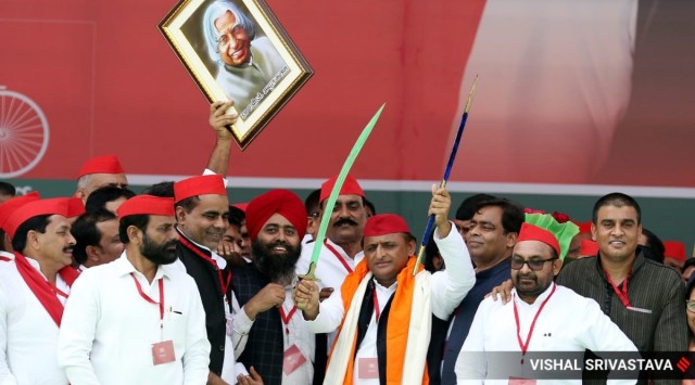 Samajwadi Party President Akhilesh Yadav attends the party's National Convention, in Lucknow on Thursday.
