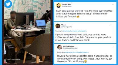 Bengaluru floods, man works in coffee shop, office, flood, Third Wave Coffee, startup, work from office, viral, trending
