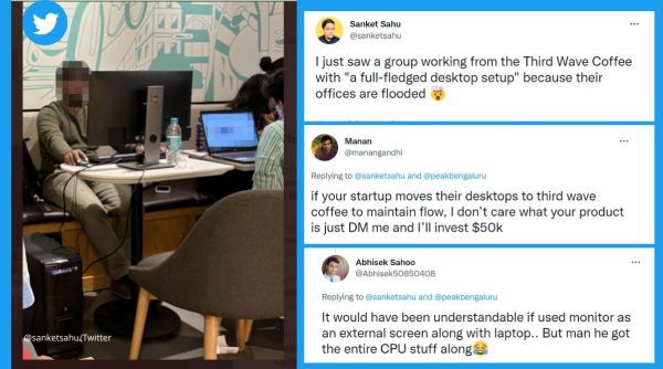 Bengaluru floods, man works in coffee shop, office, flood, Third Wave Coffee, startup, work from office, viral, trending