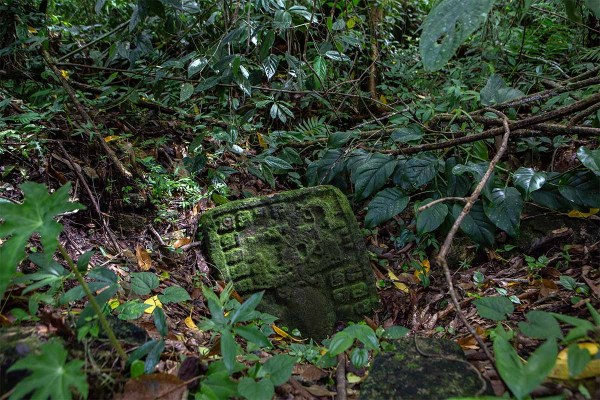 An artifact still partially buried at the Sak Tz’i’ archaeological site in Chiapas, Mexico