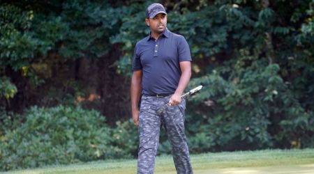 Anirban Lahiri, of India, looks on from the 13th green during the second round of the LIV Golf Invitational-Boston tournament. (AP)