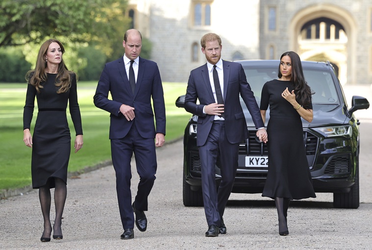 Prince Harry, Meghan Markle, Prince Harry Meghan Markle holding hands, Prince Harry Meghan Markle PDA, Prince Harry Meghan Markle Queen Elizabeth service, PDA, royal protocols, indian express news