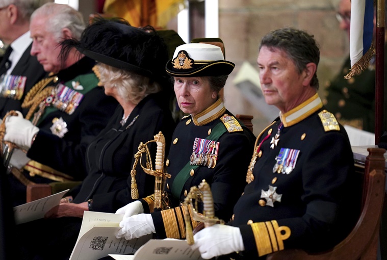 Queen Elizabeth II's funeral, Queen Elizabeth II death, Queen Elizabeth II children, Queen Elizabeth II coffin, Queen Elizabeth II and Princess Anne, Queen Elizabeth II coffin Scotland, Princess Anne vigil outfit, Princess Anne makes history, indian express news