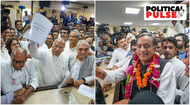 Leader of Opposition in Rajya Sabha Mallikarjun Kharge and Lok Sabha MP Shashi Tharoor after filing their nomination papers for the Congress presidential election. (PTI)