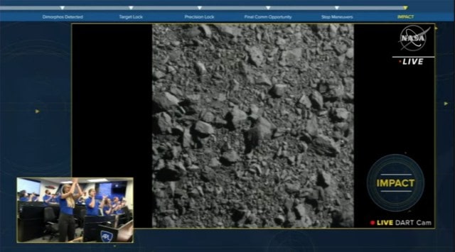 NASA's DART mission: Image of Dimorphos' surface captured by DART's DRACO imager seconds before the collision. (Image credit: NASA TV/Screenshot)