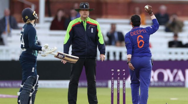 Deepti Sharma dislodges the bails at the non striker's end to run out Charlie Dean during the 3rd England-India ODI at Lord's. (Photo: ICC)