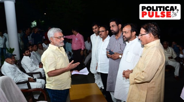 Shanti Kumar Dhariwal (first from right) along with other Gehlot supporter MLAs submitting their resignation to Assembly Speaker C P Joshi on Sunday. (Express Photo)