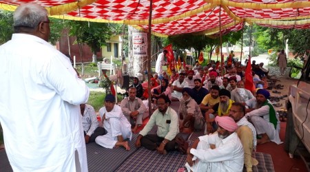 The dharna outside SDM Phillaur's office. (Express Photo)
