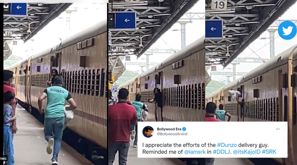 Dunzo agent, delivery executive, Dilwale Dulhania Le Jayenge, DDLJ, Shah Rukh Khan, Kajol, train, Indian Railways, Twitter, viral, trending, Indian Express