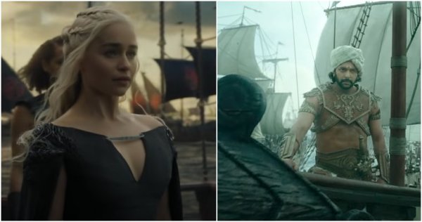 Emilia Clarke as Daenerys and Jayam Ravi as Arulmozhi Varman (Screenshots of GOT and PS promo)
