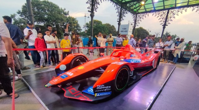 A Formula E car on display at the Tank Bund road in Hyderabad. (Express photo)