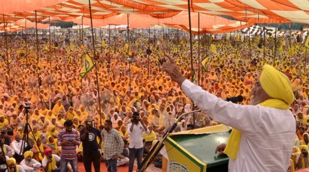 "Shaheed Bhagat Singh Zindabad" rally of BKU Ekta Ugrahan at Grain Market in Barnala on wednsday. (Express Photo by Gurmeet Singh)