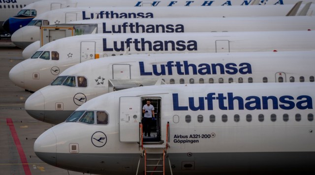 Lufthansa aircrafts are parked at the airport in Frankfurt, Germany, Friday, Sept.2, 2022. Hundreds of Lufthansa flights have been canceled as pilots stage a one-day strike to press their demands for better pay and conditions at Germany’s biggest carrier. (AP)