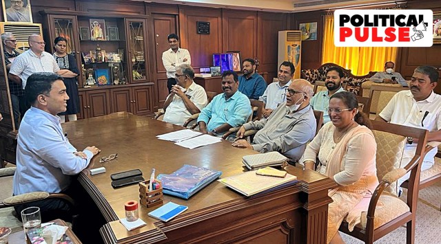 Goa CM Pramod Sawant during a meeting with eight Congress MLAs from Goa who joined the ruling Bharatiya Janata Party, in Panaji. (PTI)