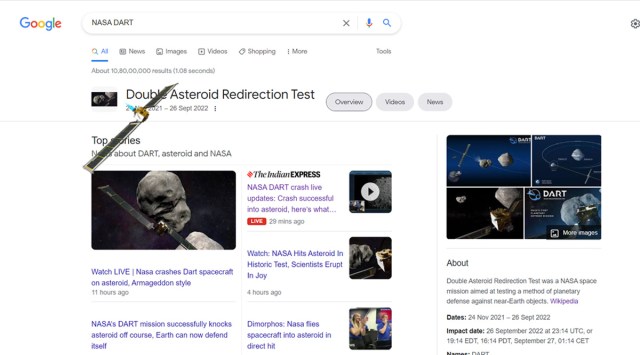 If you google "NASA DART," a representation of the spacecraft races across the page until it "crashes," causing the page to go slightly askew. (Image credit: Google / Screenshot)