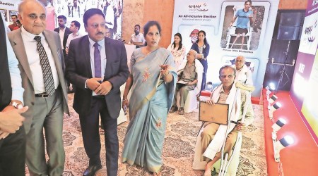 CEC Rajiv Kumar and Election Commissioner Anup Chandra Pandey visit an exhibition on the history of Gujarat elections at The Leela hotel in Gandhinagar on Tuesday. (Nirmal Harindran)