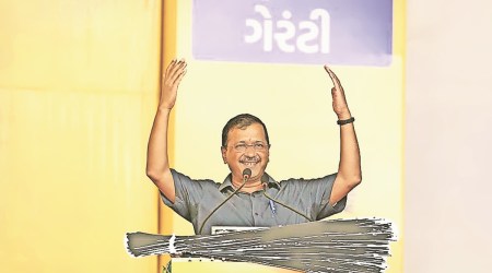 Arvind Kejriwal at a public meeting in Dwarka, Friday. (Express Photo)