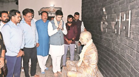AAP’s Raghav Chadha visits Kaba Gandhino Delo, the residence of Mahatma Gandhi in Rajkot, Saturday. (Express Photo)