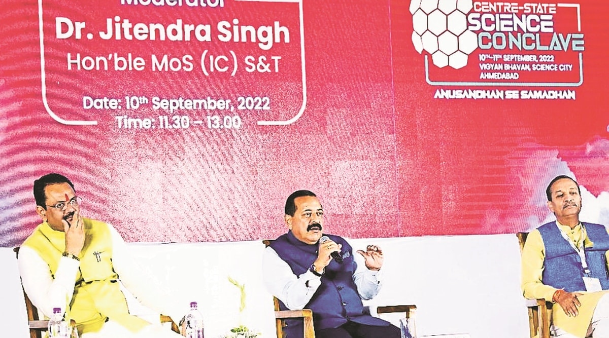 Minister Jitendra Singh at the science conclave. (Express Photo)
