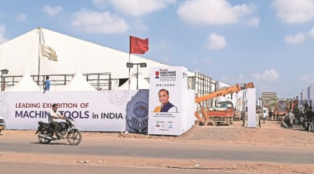 Preparations underway at the venue of Rajkot Machine Tools Show on Tuesday. (Express Photo)