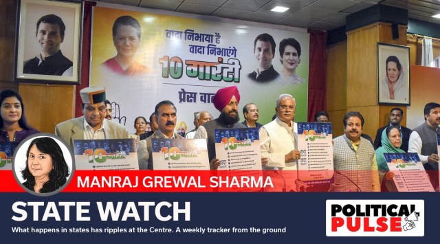 Chhattisgarh Chief Minister Bhupesh Baghel, HP Congress President Pratibha Singh and other leaders launch the party's '10 Guarantees', during a press conference, Shimla. (PTI)