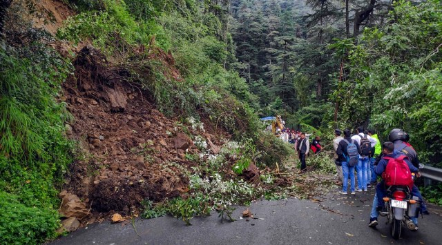 A road blocked by rubble after a landslide following heavy rainfall, in Shimla, Friday, Sept. 23, 2022. (PTI/FILE)