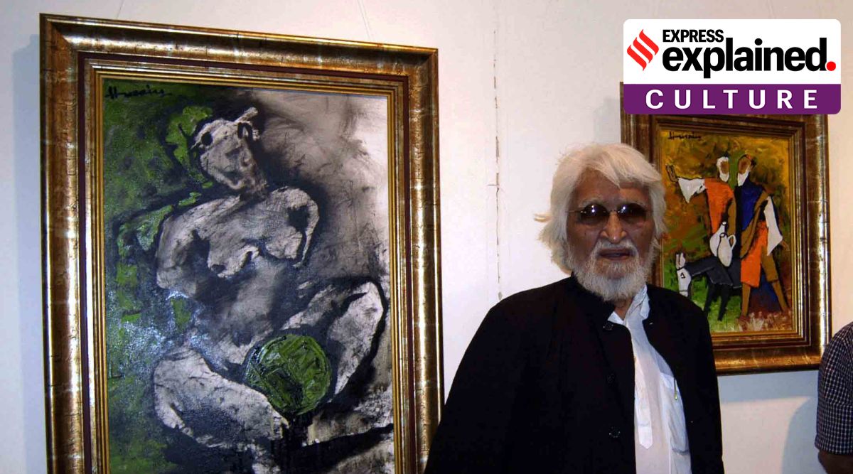 M F Husain at an art exhibition. (Express Photo: Ganesh Shirsekar) 