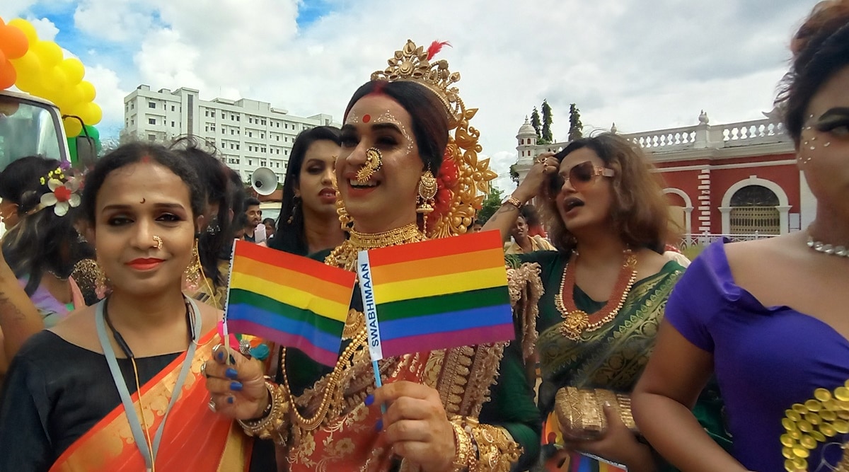 Members of Swabhiman LGBTQIA+ collective take part in Tripura’s first pride rally at Agartala on Monday. (Express photo by Debraj Deb)