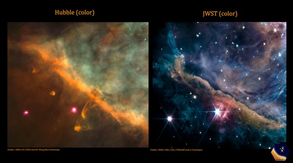 Comparison of orion nebula images captured by JWST and Hubble