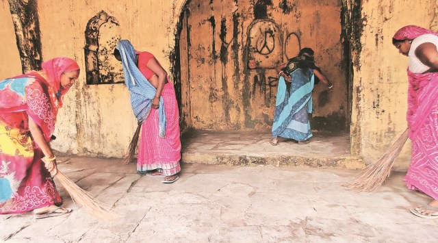 IRGY beneficiaries at work in Jaipur on Saturday. (Express Photo by Hamza Khan)