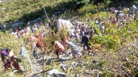 Rescue operation underway after a passenger bus fell into a gorge near Bareri Nallah in Poonch district on  Wednesday. (PTI)