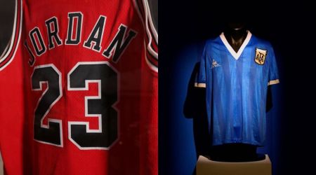 Jordan's 1998 NBA finals jersey and Maradona's 1986 World Cup quarter final kit. (Photos: Reuters)