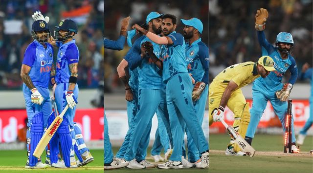 Indian batters Suryakumar Yadav and Virat Kohli during the third T20 cricket match, Bhuvneshwar Kumar celebrates with teammates the dismissal of Australia's Cameron Green; Dinesh Karthik reacts as Australia's Glenn Maxwell is run-out. (AP | PTI) 