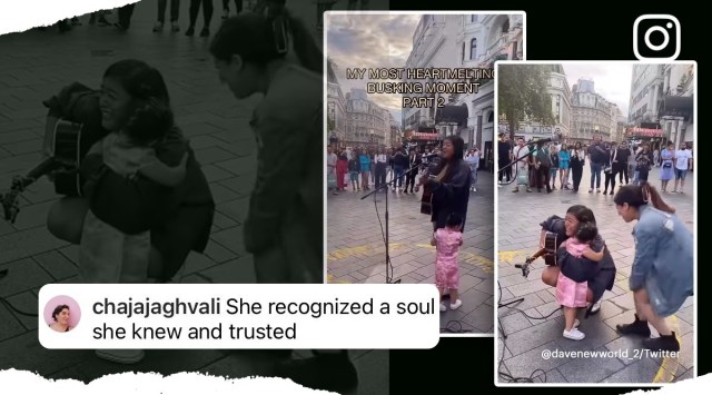 Little girl runs over, hugs singer, busker, busking, cute, adorable, heart-warming, singer performing on street, music, musician, viral, trending